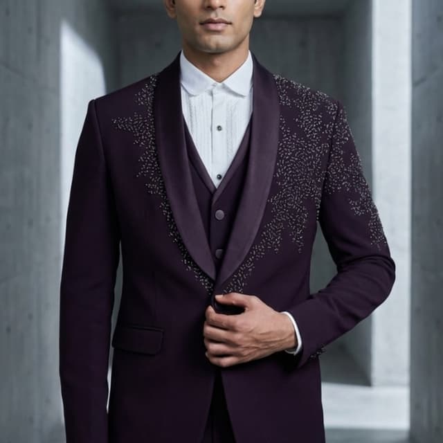 Deep Plum/Burgundy with subtle silver/grey embellishments Tuxedo Suit (Jacket, Waistcoat, Trousers)