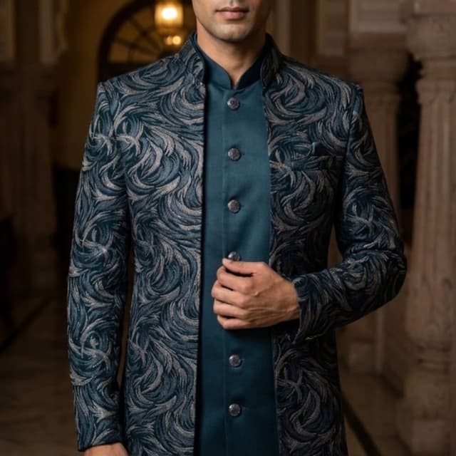 Deep Teal and Silver Sherwani