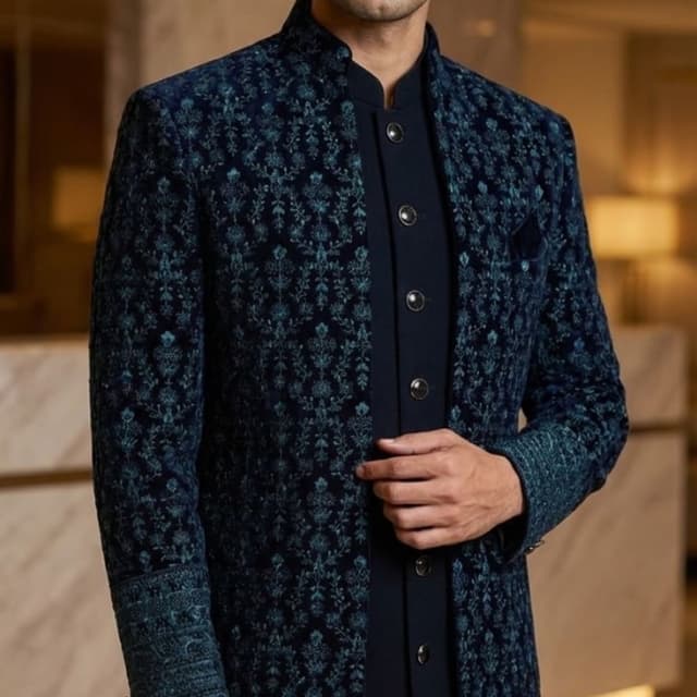 Deep Navy Blue with Teal/Greenish Embroidery Sherwani