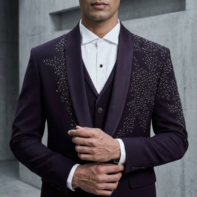 Deep Plum/Burgundy with Silver Embellishments Suit Jacket, Waistcoat, Trousers