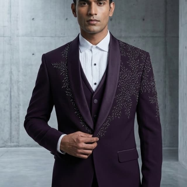 Deep Purple with Silver Embellishments Tuxedo Suit (Jacket, Waistcoat, Trousers)