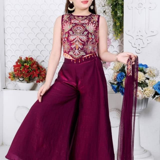 Deep Plum/Maroon with multicolored embroidery Palazzo Suit / Jumpsuit (Children's)
