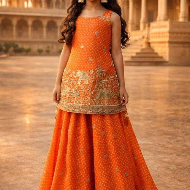 Orange, Gold Lehenga Choli