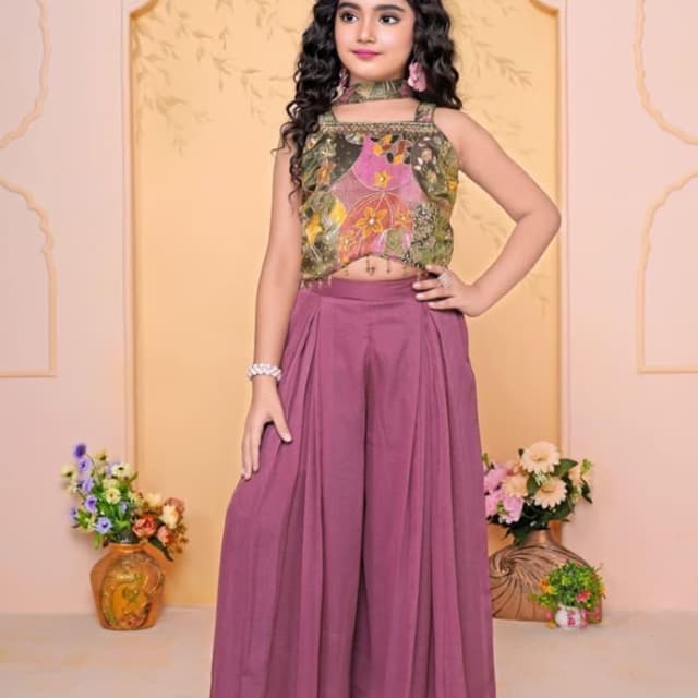 Multicolor top with floral print, dusty rose pants Crop top and Palazzo pants set