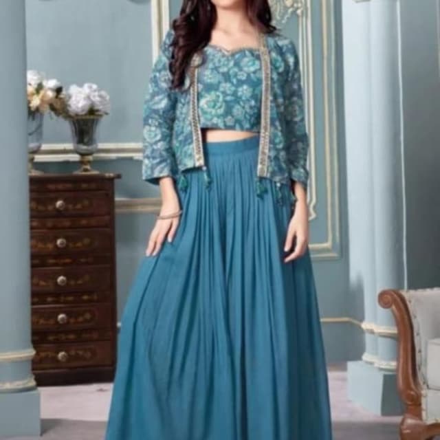 Teal blue with floral print in lighter blue and green Lehenga Choli with Jacket