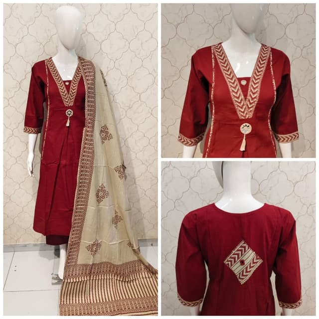 Maroon, Beige, Gold Kurta Set with Dupatta