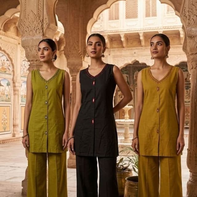 Olive Green, Black, Mustard Yellow Kurti and Pants Set