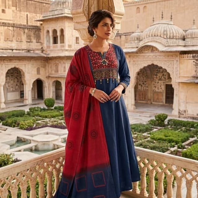 Navy Blue and Red Anarkali Suit