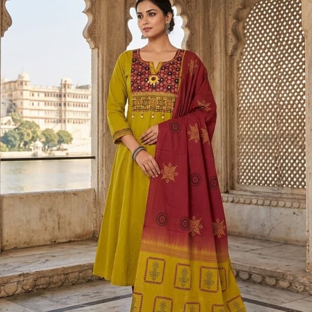 Mustard Yellow, Maroon, Red, Black Anarkali Suit with Dupatta