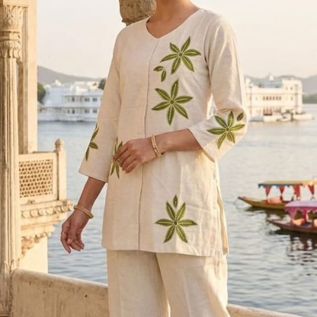 Off-white with green embroidery Kurta and Pant Set