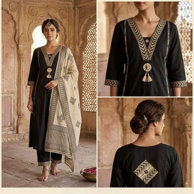 Black and Beige with Gold accents Kurta set (Kurta, Pants, Dupatta)