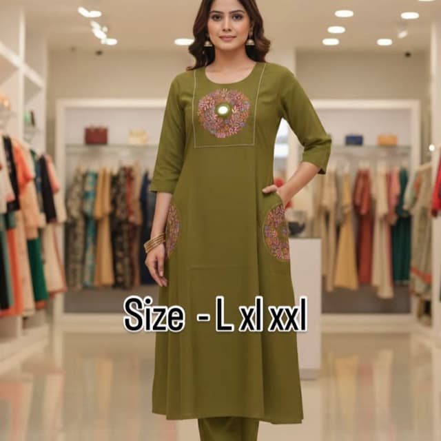Olive Green with multi-color embroidery and mirror work Kurta Set