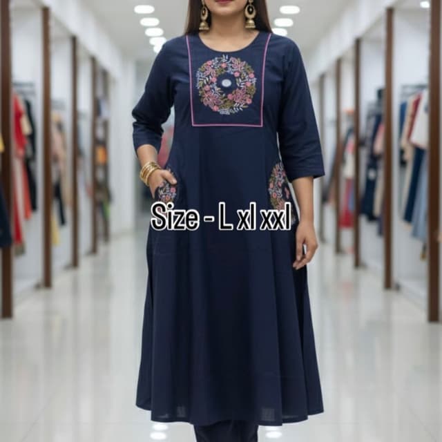 Navy Blue with Pink and White Embroidery Kurti Set