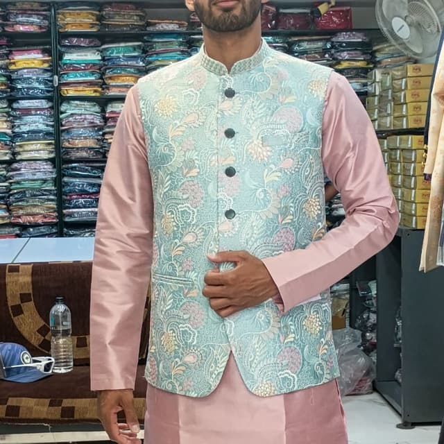 Pastel blue, Pink, Cream, Gold Nehru Jacket (Modi Jacket) with Kurta