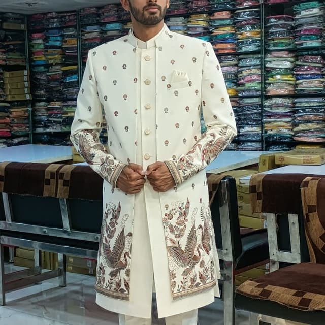 Cream, White, Multicolor Sherwani