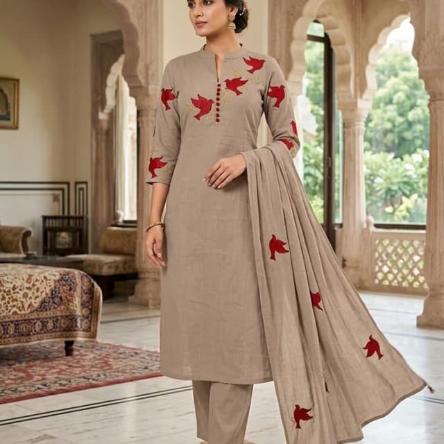 Beige with Red accents Kurta Set