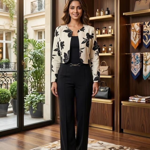 Black and White floral print with solid black pants Jacket and Pants Set