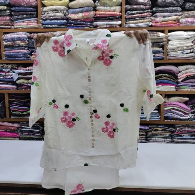 White with pink and green floral embroidery Kurti
