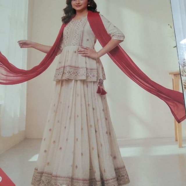 Cream, Red, Gold Lehenga Choli Set