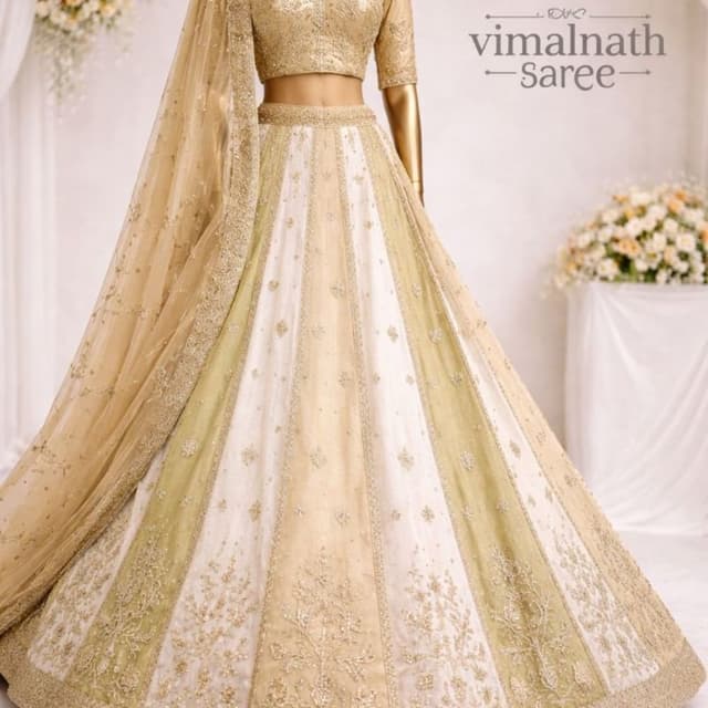 Gold, Cream, Pale Green Lehenga Choli