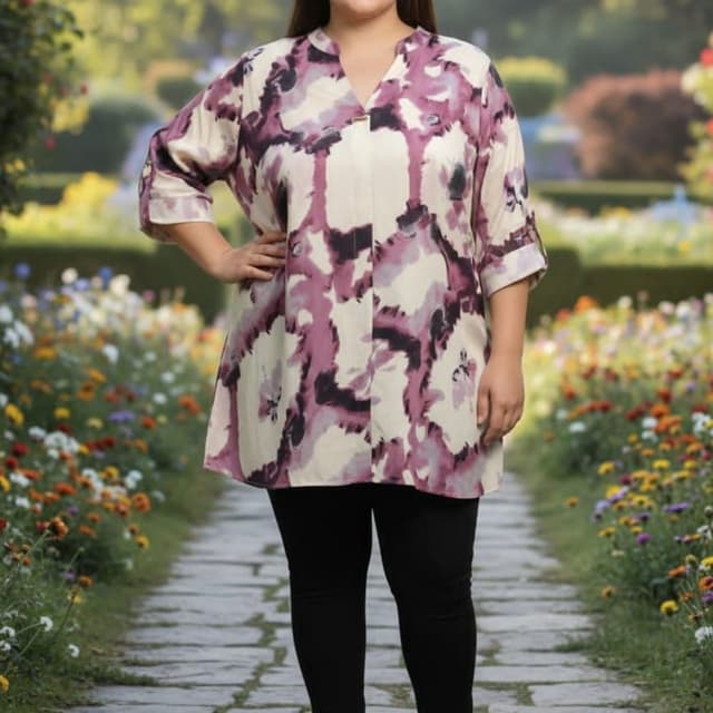Cream with shades of purple and black abstract print Tunic Top
