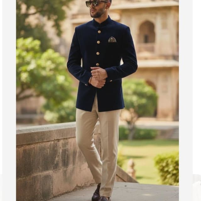 Navy blue, Beige, Gold accents Bandhgala Jacket with Trousers