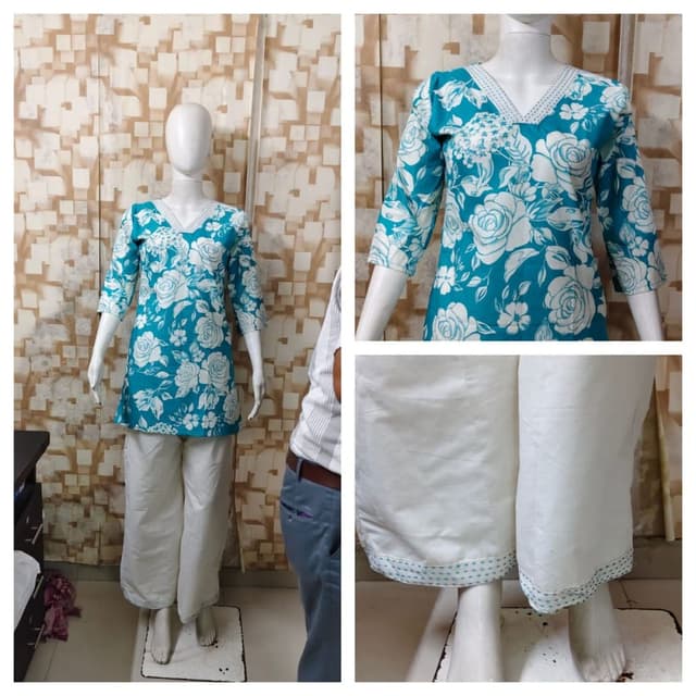 Teal with white floral print, off-white pants Kurti and Pants set