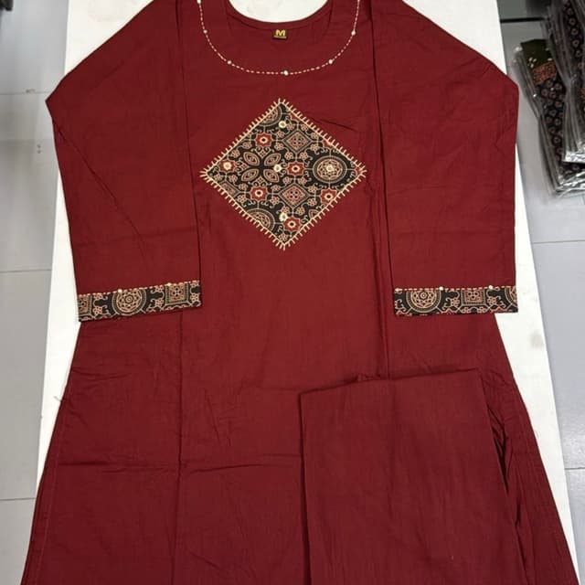 Maroon with black and gold accents Kurti and Pants Set