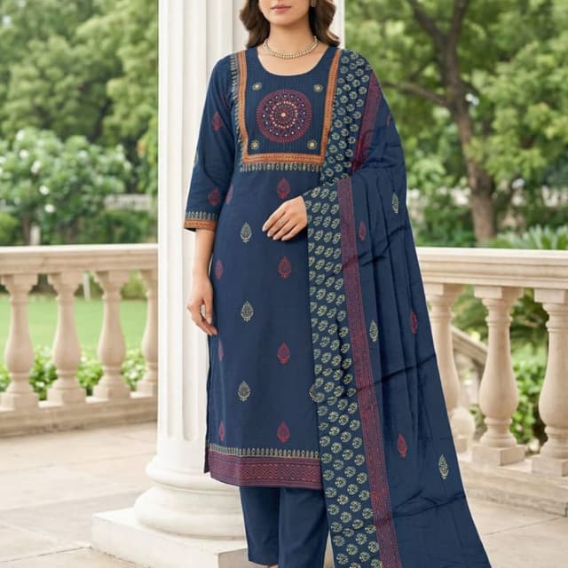 Navy blue with red and yellow accents Salwar Kameez