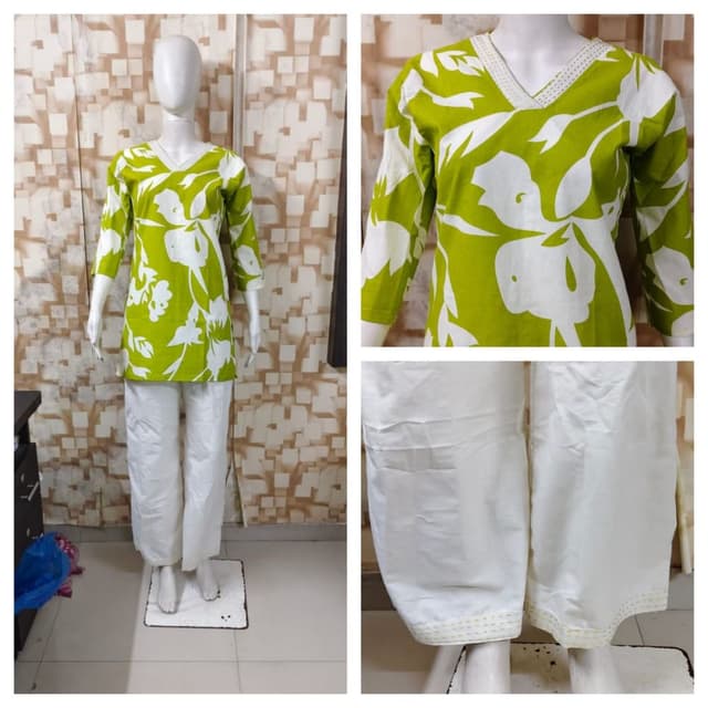 Lime Green and White Kurti and Pants Set