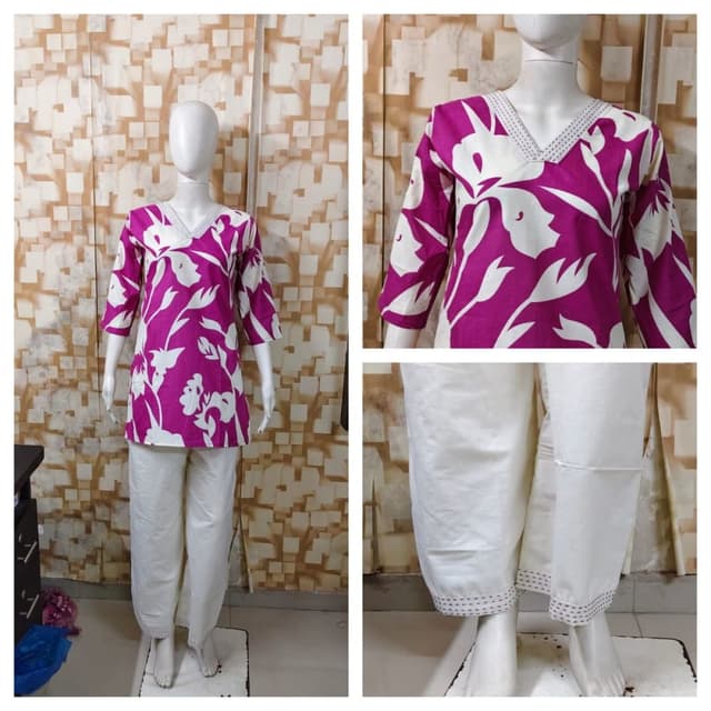 Purple and White Kurti and Pants Set