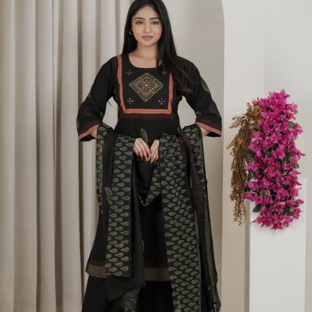 Black with gold and maroon accents Kurta Set with Dupatta