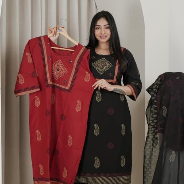 Red, Black, Gold Kurta Set