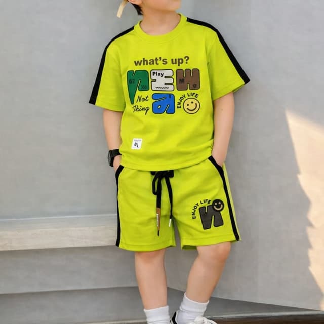 Lime Green, Black, White, Blue, Brown T-shirt and Shorts Set