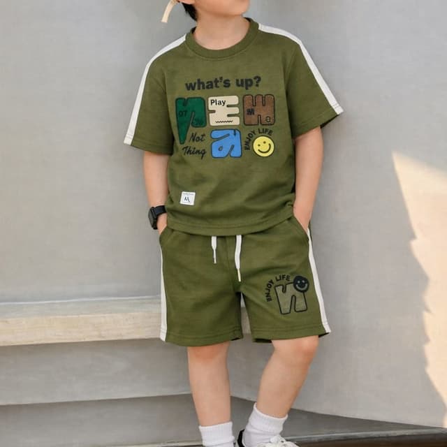 Olive Green, White, Beige, Multicolor text T-shirt and Shorts Set