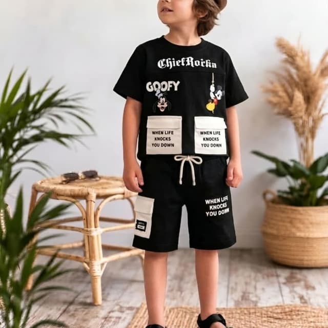 Black, White, Brown T-shirt and Shorts Set