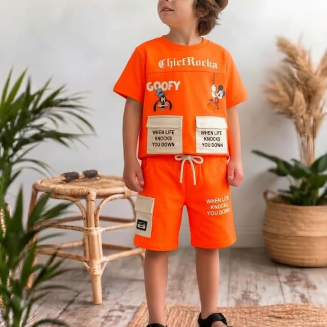 Orange, White, Black, Brown T-shirt and Shorts Set