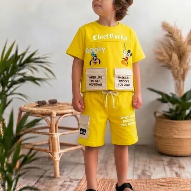 Yellow, White, Black, Brown T-shirt and Shorts Set