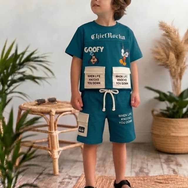 Teal, White, Brown T-shirt and Shorts Set