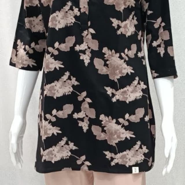 Black with muted floral print in beige and taupe Tunic shirt