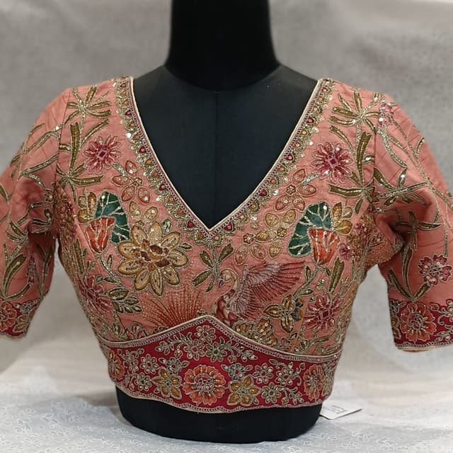 Peach, Red, Green, Gold, Pink, Brown Blouse