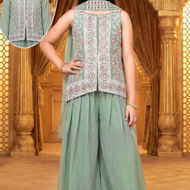 Sage Green with White and Coral Accents Lehenga Choli Set