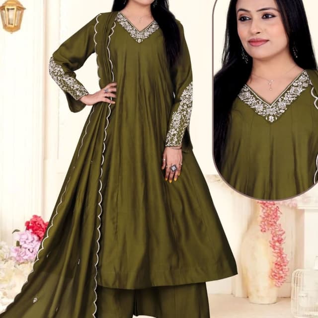 Olive Green with White Embellishments Anarkali Suit with Palazzo Pants and Dupatta