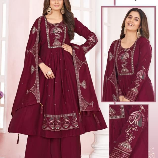 Maroon with silver and white embroidery Anarkali Suit with Palazzo