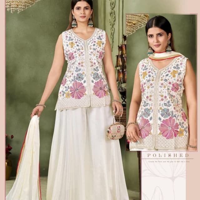 White with pink, blue, yellow, and green floral embroidery Sharara Set