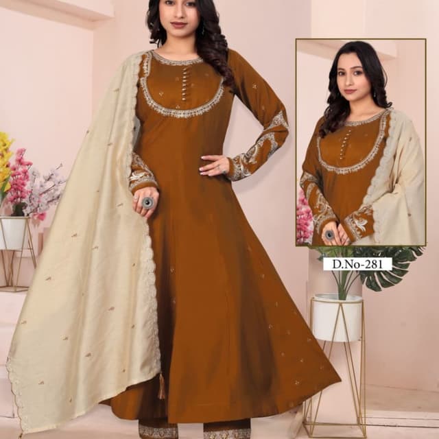 Brown, Beige, Silver Anarkali Suit