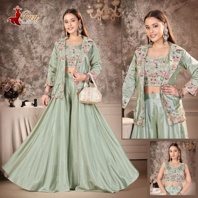 Sage Green with multicolor embroidery Lehenga Choli set with jacket