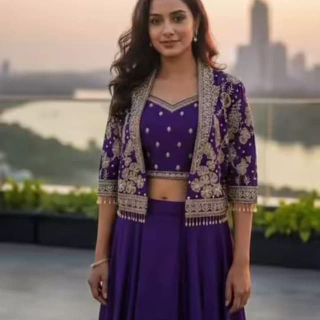 Deep Purple, Gold Lehenga Choli with Jacket