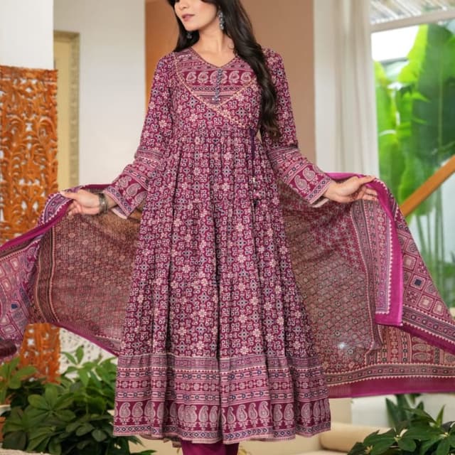 Deep Pink/Maroon with White and Blue floral and paisley prints Anarkali Suit with Dupatta and Pants
