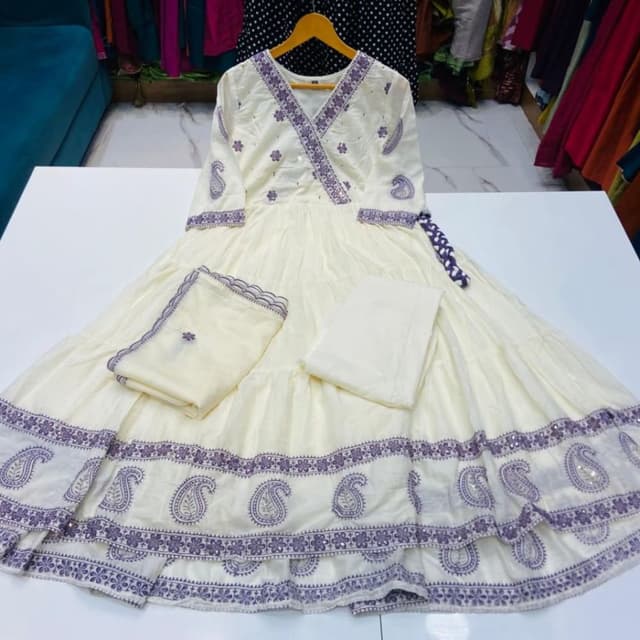 Off-white with purple embroidery and accents Anarkali Suit (Kurta, Pants, Dupatta)